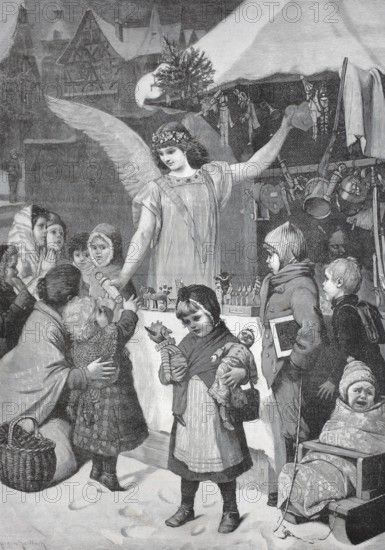 Girl dressed as a Christmas angel selling dolls and figures at a market stall at the Christmas