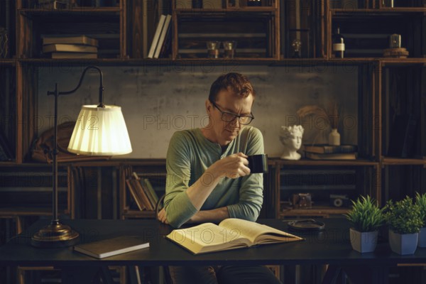 A middle-aged man sits in the dimly lit room in the evening and reads an exciting book. He drinks