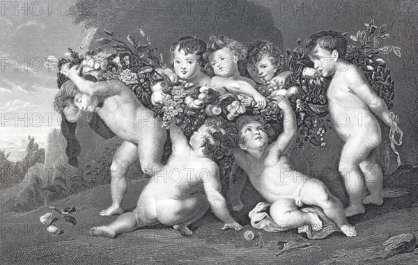 The fruit wreath, many children playing with fruit, steel engraving after a painting by Rubens,