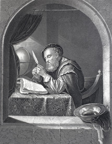 Scholar writing with a pen, Scientist, 1680, Historical, digitally restored reproduction of a 19th