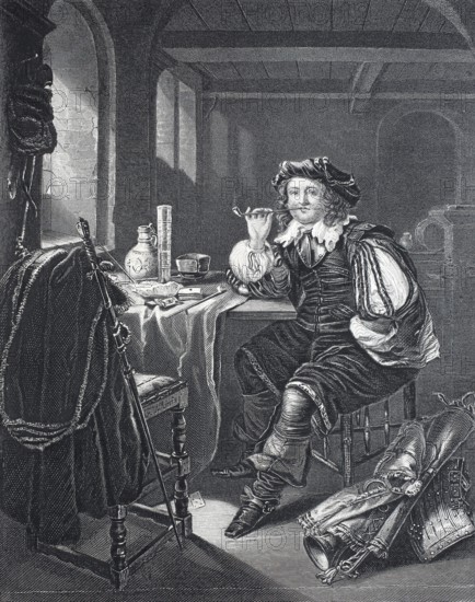 The trumpeter in the guardroom, tower guard, engraving after a painting by Van Mieris, around 1680,