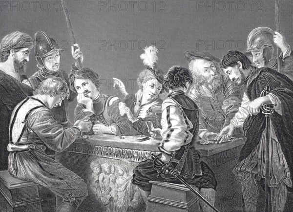 Roman soldiers in conversation, steel engraving after a painting by Caravaggio, historical,