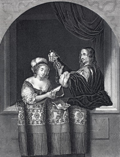 The Singer and the Musician, steel engraving after a painting by Caspar Netscher, Historical,