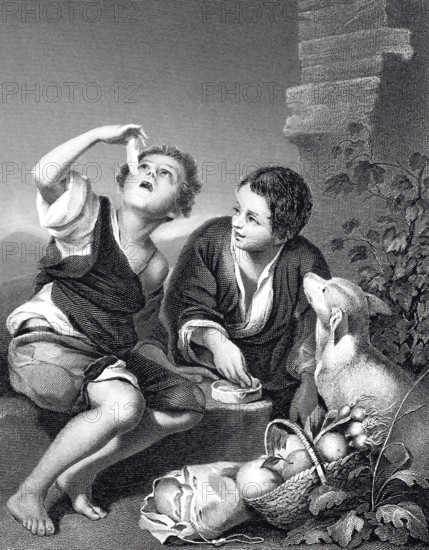Eating boys, boys eating melon, fruit, steel engraving after a painting by Bartolome Esteban