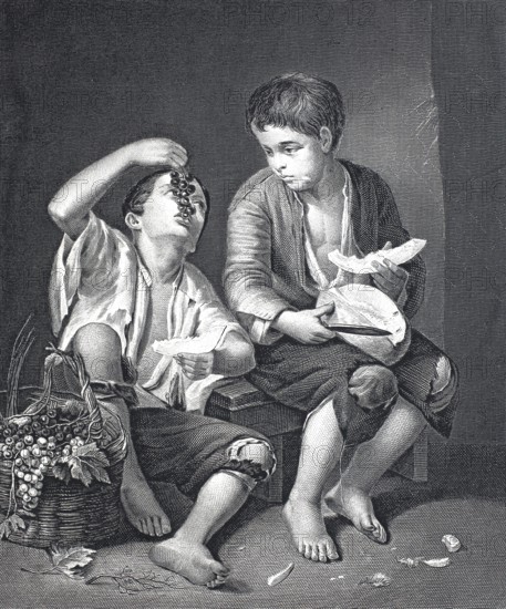 Eating boys, boys with grapes and melon, fruit, steel engraving after a painting by Bartolome