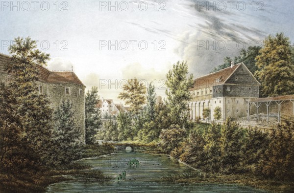 Ehrenburg Castle, ballroom and moat in 1820, Coburg, Upper Franconia, Bavaria, Germany, Historical,