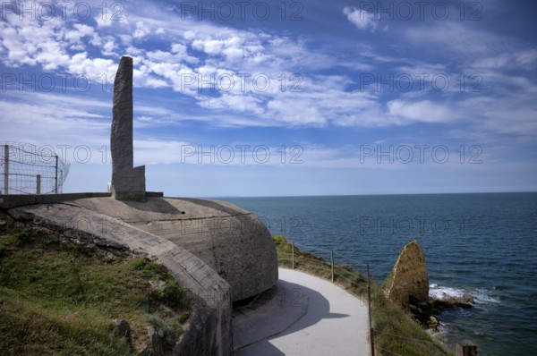 Pointe du Hoc, memorial on former German bunker, memorial for US Ranger, Cricqueville-en-Bessin,