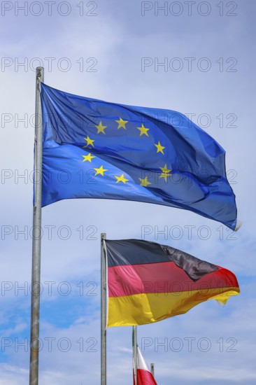 Düsseldorf, North Rhine-Westphalia, Germany - European flag, German flag and North Rhine-Westphalia