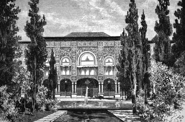 Palace of the Shah of Persia with rich ornamentation, garden and park, water features, fountain,