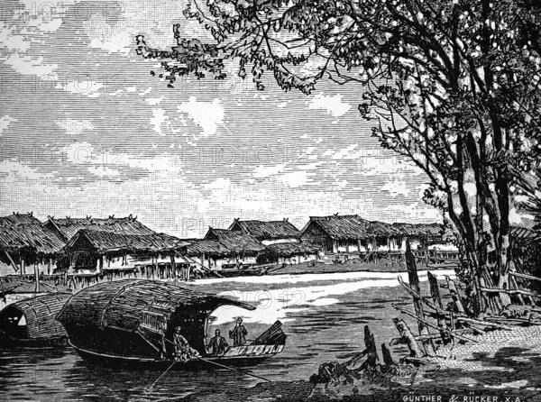 Siamese village on the Mekong, thatched huts, pile dwellings, boat with people, jetty on the bank,