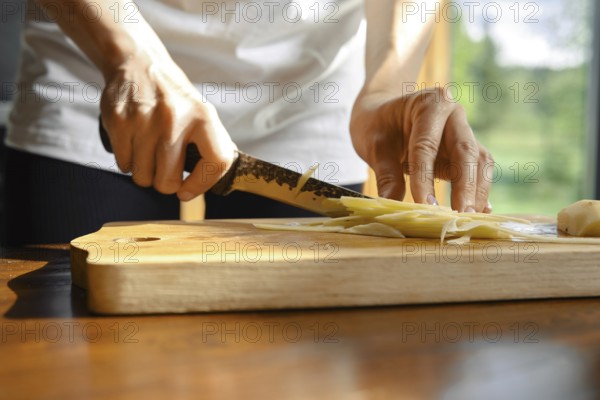 Unrecognizable person skillfully slices fresh ginger on a wooden cutting board in a well-lit