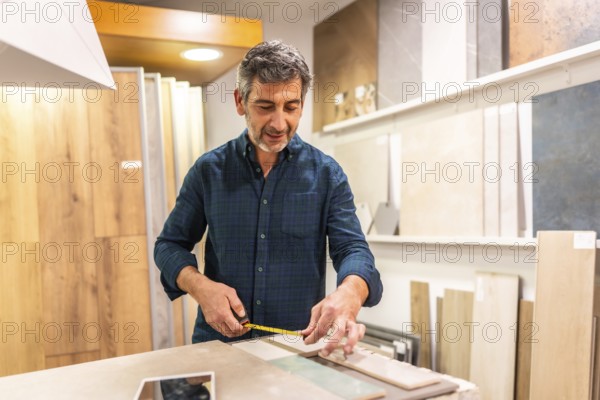 Mature architect taking measurements of ceramic tile samples using a tape measure, inside a home
