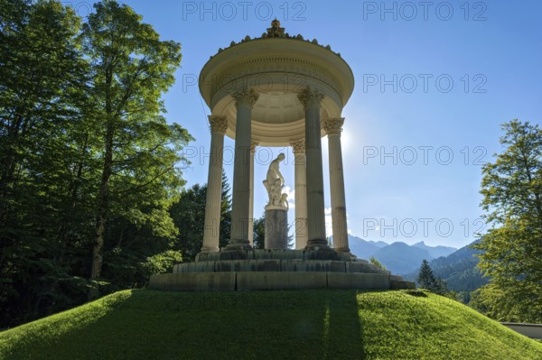 Statue of Venus with Cupid in the Temple of Venus above the terraced gardens, backlight, long