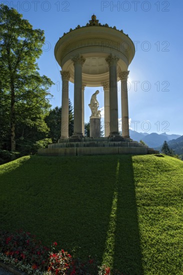Statue of Venus with Cupid in the Temple of Venus above the terraced gardens, backlight, long