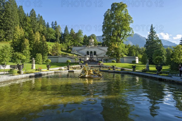 Basin, water basin with flora fountain in gold, palace park of Linderhof Palace, Neo Rococo, UNESCO