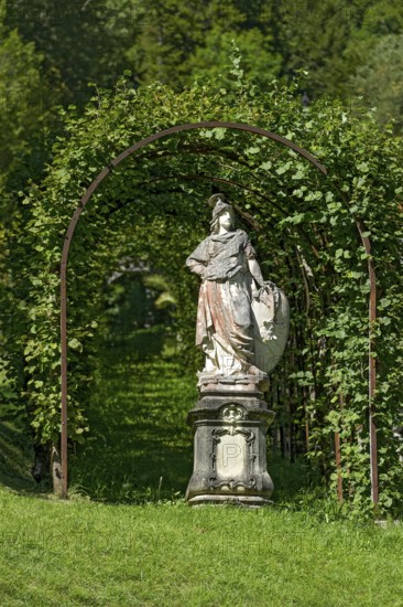 Rococo-style arcade with statue of the goddess Minerva, palace park, palace park of Linderhof