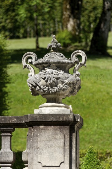 Vase at the end of a balustrade, stone ornamental vessel in Rococo style, west parterre, palace