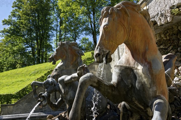 Horses of the Neptune Fountain, Rococo-style sculpture, Linderhof Castle Park, UNESCO World