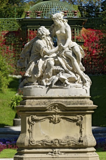 Sculpture of lovers Venus and Adonis, Rococo style, east parterre, park of Linderhof Castle, UNESCO