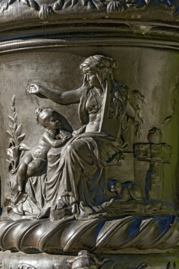 Mythological depiction, relief on a vase, ornamental ceramic vessel in Rococo style, west parterre,
