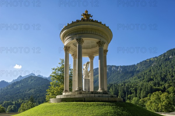 Statue of Venus with Cupid in the Temple of Venus above the terraced gardens, blue sky, park of
