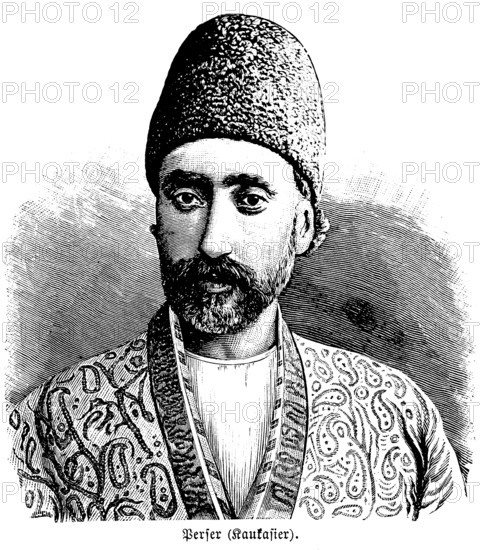 Persian from Caucasia, portrait of a middle-aged man, face, full beard, headgear, coat with