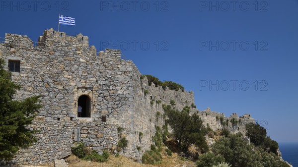 Stone-walled castle stretches across the landscape, Pandeli Castle, Castle, Leros Fortress, St