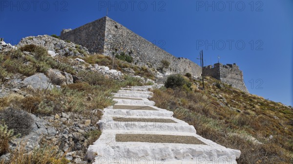Stone staircase leads through nature to the castle, Pandeli Castle, Castle, Leros Fortress, St