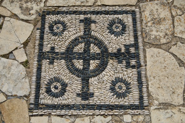 Paving mosaic of black and white stones, Panagia Kyra Church, Panagia tou Kastrou, Pandeli Castle,