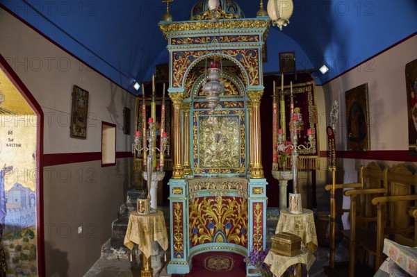 Panagia Kyra, Panagia tou Kastrou, Magnificent altar in blue church with religious icons, Pandeli