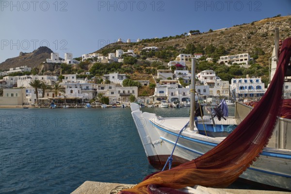 Harbour with fishing boats and white houses surrounded by blue water, Pandeli Castle, Castle, Leros