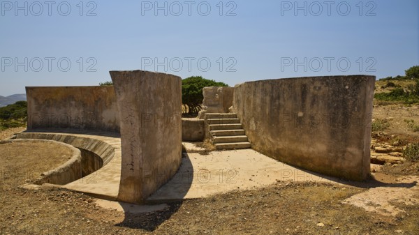 Crumbling concrete walls with stairs in a barren environment, Lost Place, Air Defence Position,
