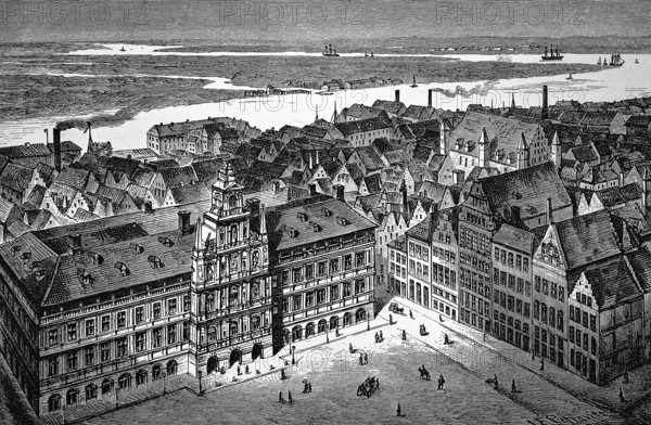 View over the historic centre of Antwerp on the river Scheldt, in front the Grote Markt, Great