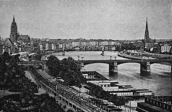Frankfurt am Main, St Bartholomew's Cathedral (right), bridge, railway tracks, banks of the Main,