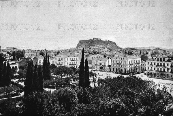Cityscape of Athens with the Acropolis, city fortress of antiquity, villas, park, Greece,