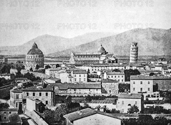 Cityscape of Pisa with campanile of the cathedral, leaning tower, baptistery, mountains, Tuscany,