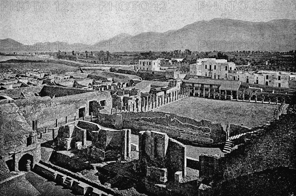 View over the archaeological excavations of Pompeii or Pompeii, ancient city at Vesuvius, Campania,