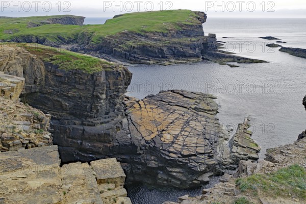Dramatic rocky coastline with green cliffs and calm sea under a cloudy sky, Orkney Islands,