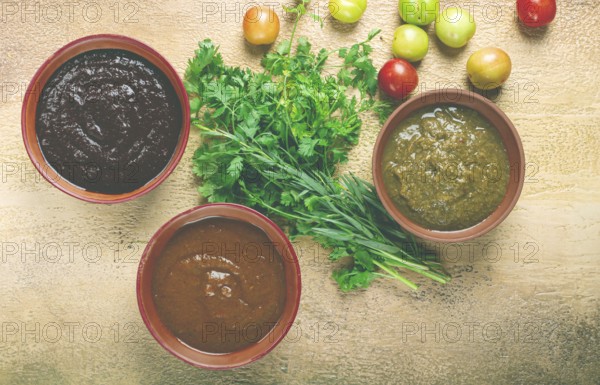 Set of tkemali sauces, three types of tkemali sauce, in ceramic bowls, top view, Georgian cuisine,