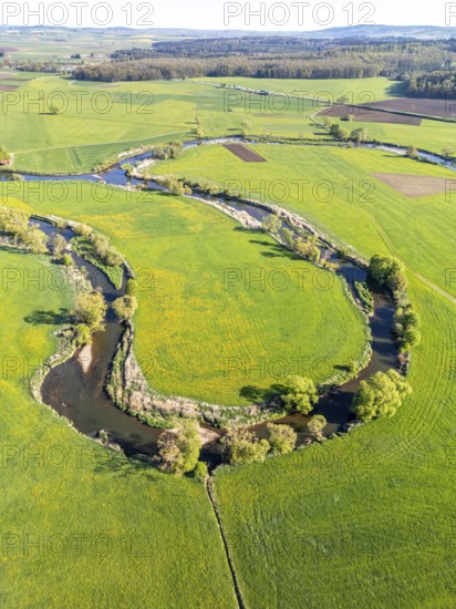 Young Danube river landscape aerial view from above near Geisingen, Germany