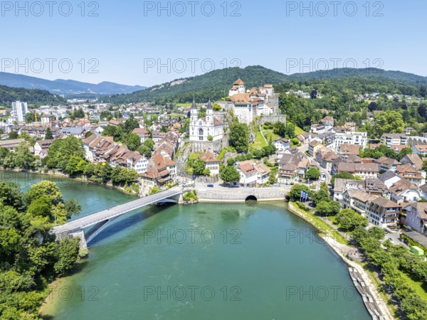 Aarburg town on the river Aare with church and fortress Aerial view from above in Aarburg,