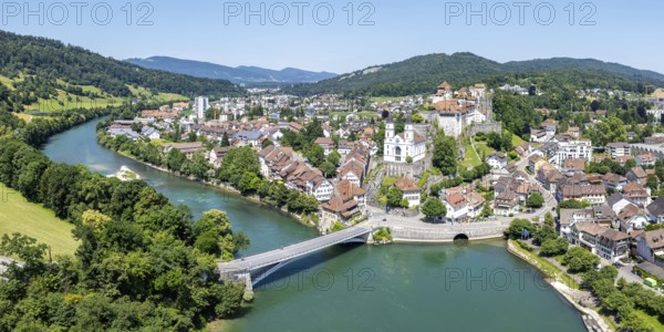 Aarburg town on the river Aare with church and fortress Aerial view panorama from above in Aarburg,