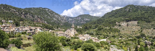 Valldemossa village on Majorca with church holiday at the Serra de Tramuntana travel panorama in