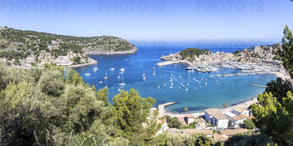 Port de Soller on Majorca from above holiday by the sea beach harbour with boats panoramic trip in