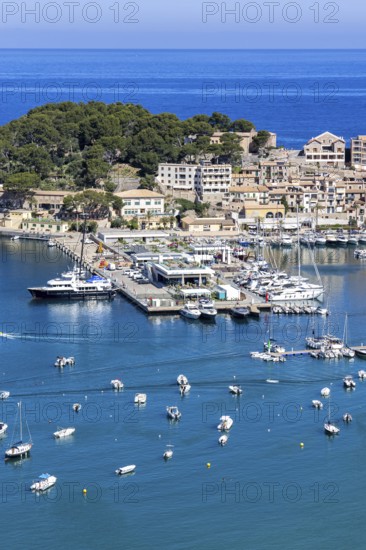 Port de Soller on Majorca from above Holiday by the sea harbour with boats trip in Port de Sóller,