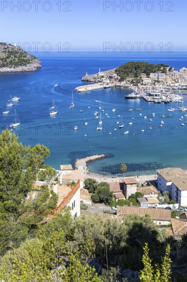 Port de Soller on Majorca from above holiday by the sea beach harbour with boats trip in Port de