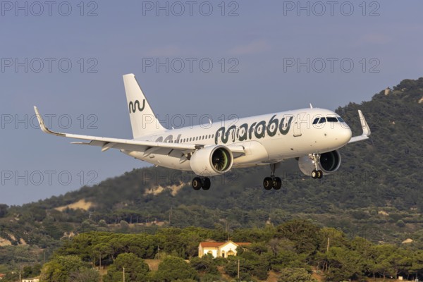 A Marabou Stork Airbus A320neo aircraft with the registration number ES-MBG at Rhodes Airport,