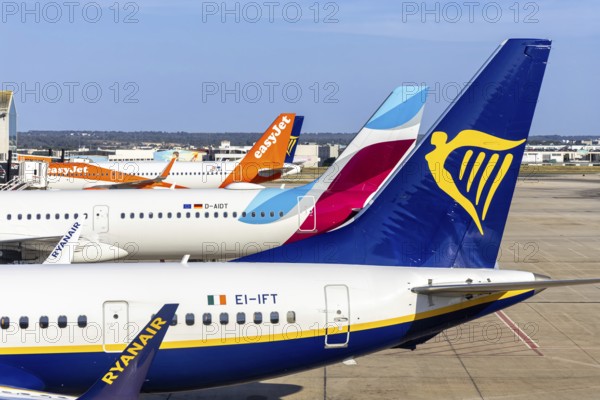 Ryanair, Eurowings and EasyJet aircraft at Palma de Majorca Airport, Spain