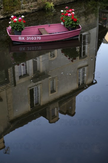 Boat, pink, pink, decorated with flowers, on the river Aure, reflection, tanners' quarter, old