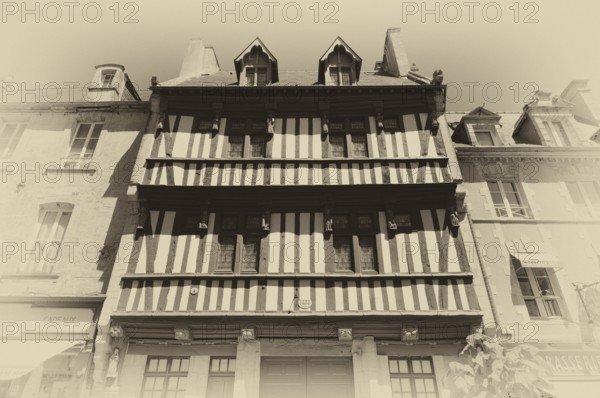 Old half-timbered house, old town, black and white, vintage, retro, Bayeux, Normandy, Calvados,
